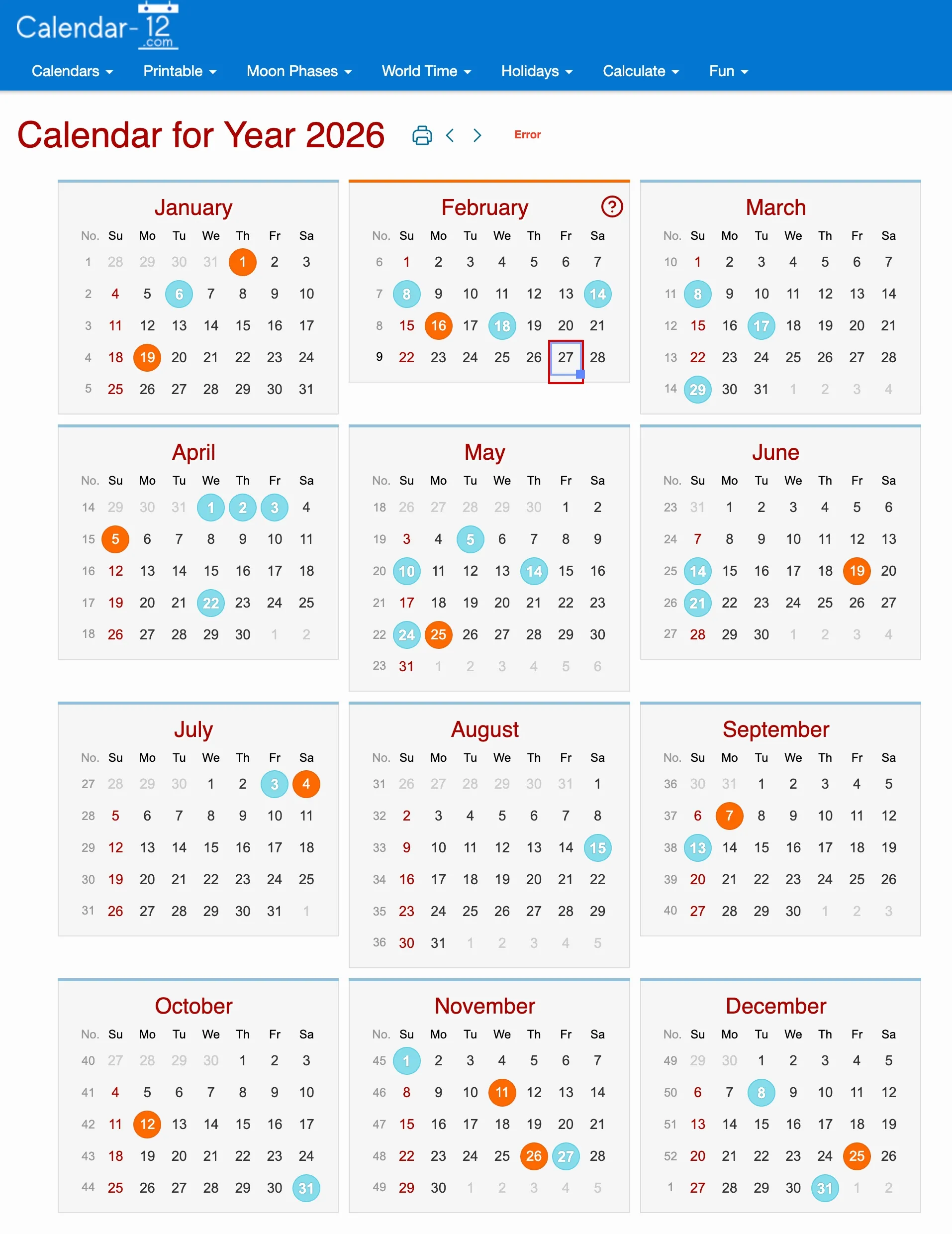 Above-the-fold displays the full current-year calendar