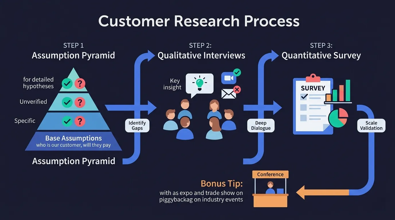 Customer Research Flow: Assumption Pyramid → Qualitative Interviews → Quantitative Surveys