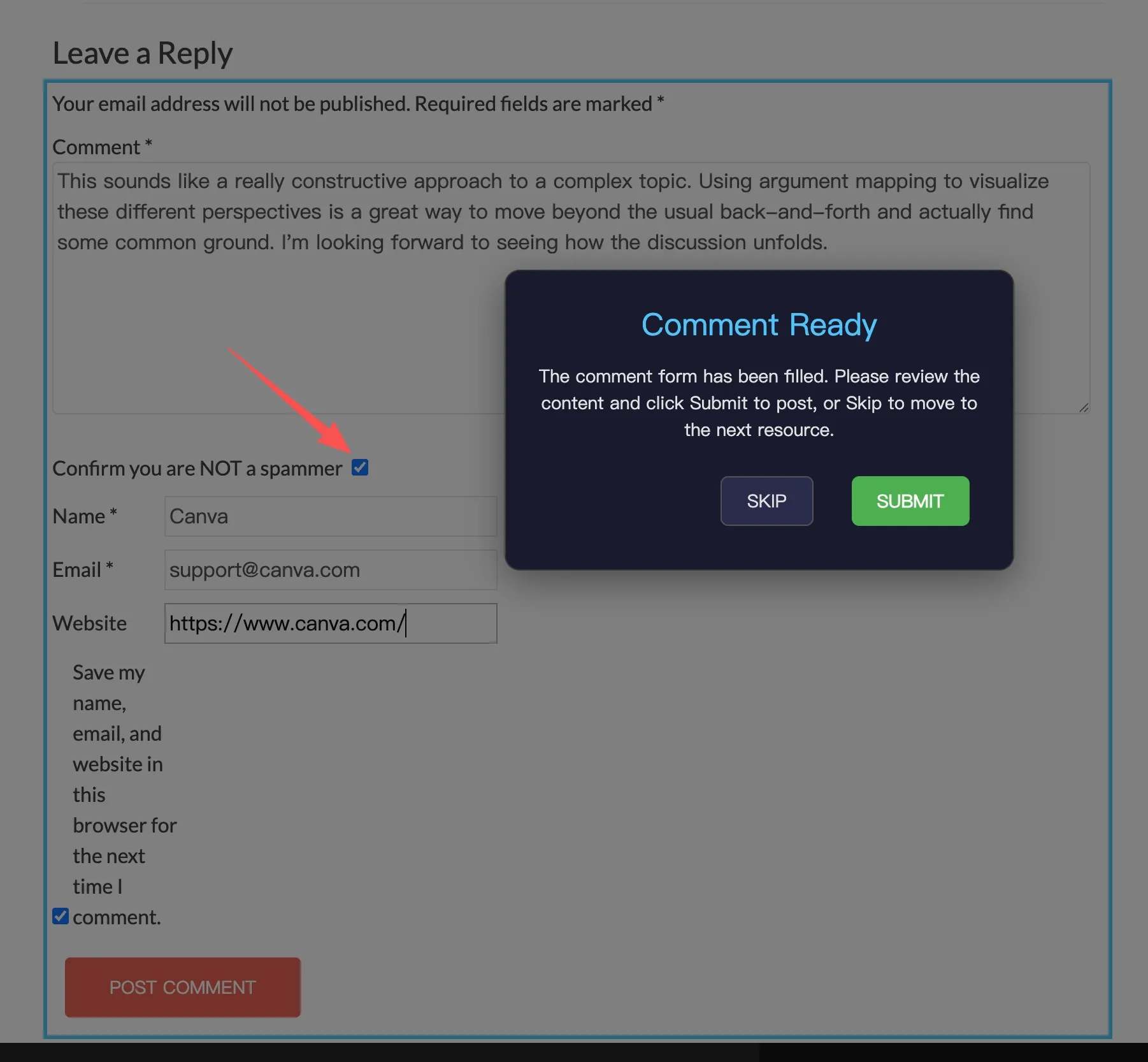 调试模式示例：可识别“非垃圾邮件”勾选型验证并等待人工确认提交